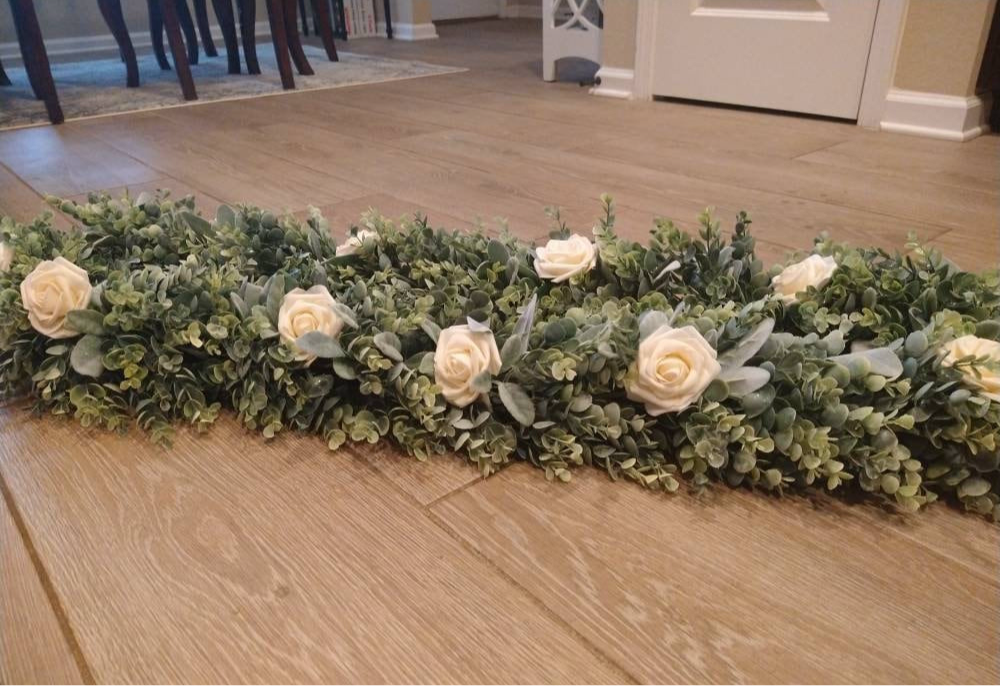 Lambs Ear & Eucalyptus Garland with Roses , Table Runner, Wreath, Wedding, Backdrop, Greenery, Farmhouse, Home Decor, Winter, Lambs Ear