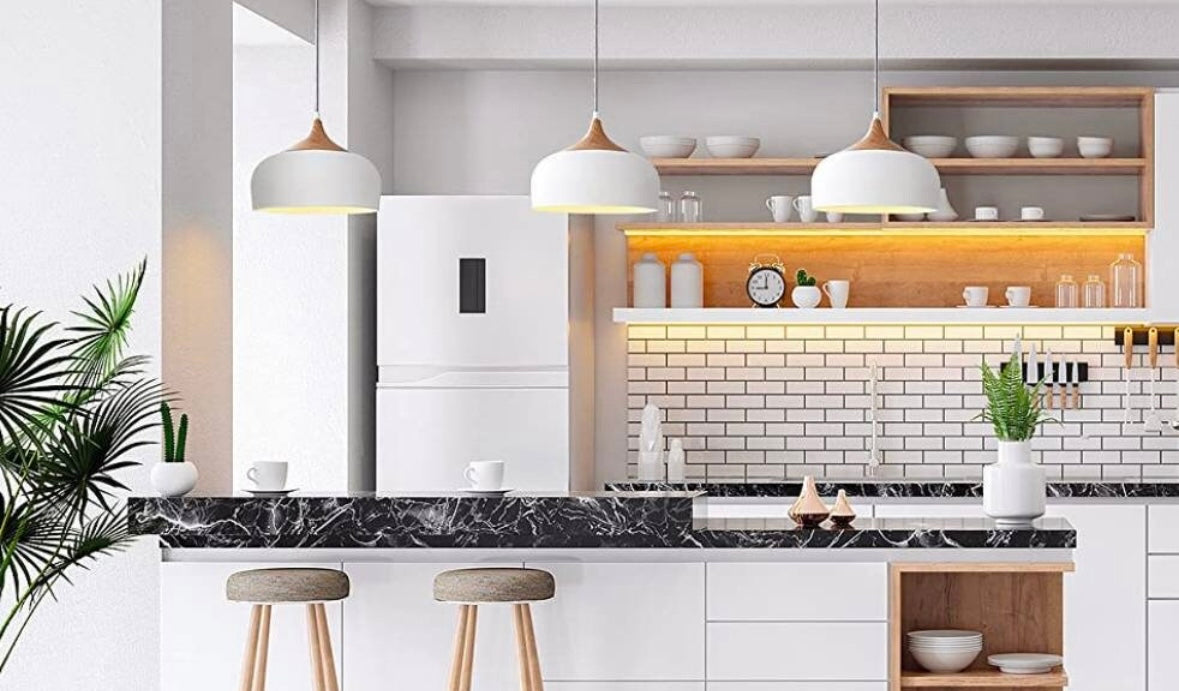 Pendant Light Modern Lantern Lighting, Wood Pattern Dome Minimalist Style Ceiling Hanging Lamp for Kitchen Island