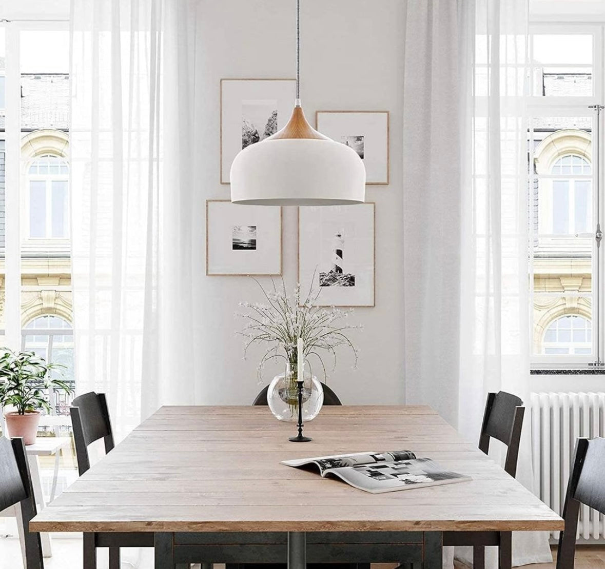 Pendant Light Modern Lantern Lighting, Wood Pattern Dome Minimalist Style Ceiling Hanging Lamp for Kitchen Island