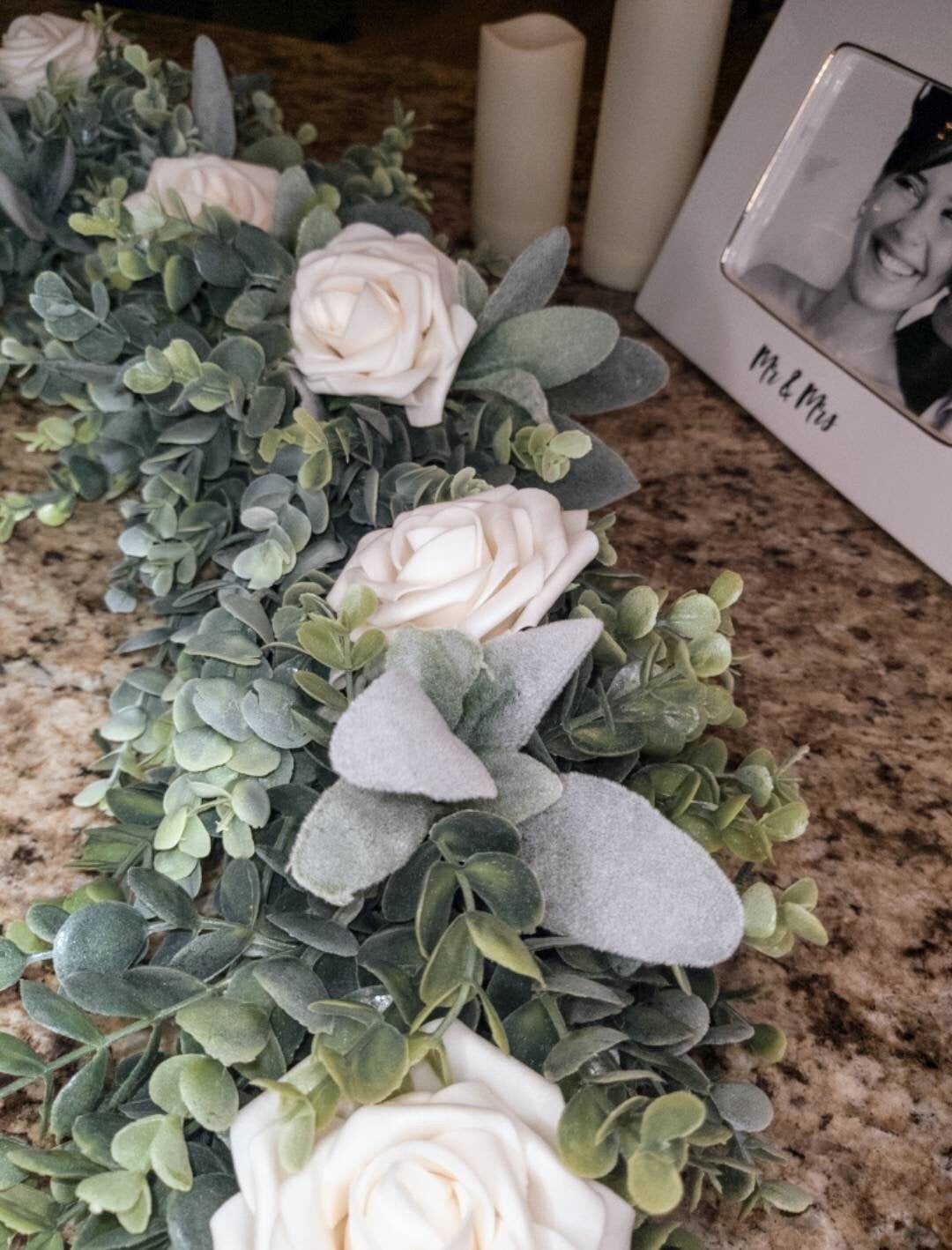 Lambs Ear & Eucalyptus Garland with Roses , Table Runner, Wreath, Wedding, Backdrop, Greenery, Farmhouse, Home Decor, Winter, Lambs Ear