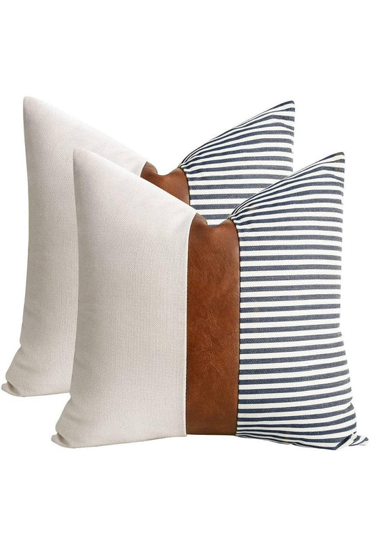 Striped Farmhouse Pillow Covers with Faux Leather Accents - Set of 2