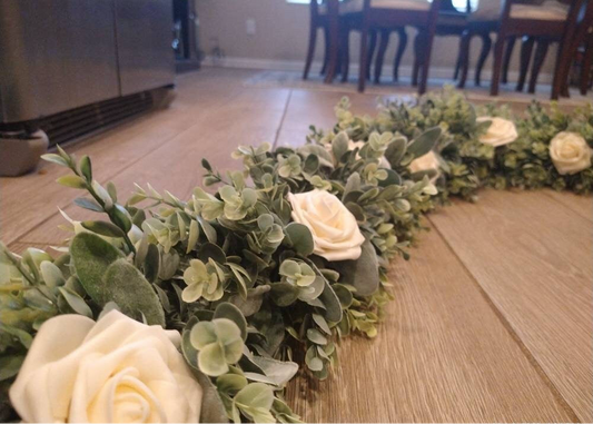Lambs Ear & Eucalyptus Garland with Roses , Table Runner, Wreath, Wedding, Backdrop, Greenery, Farmhouse, Home Decor, Winter, Lambs Ear