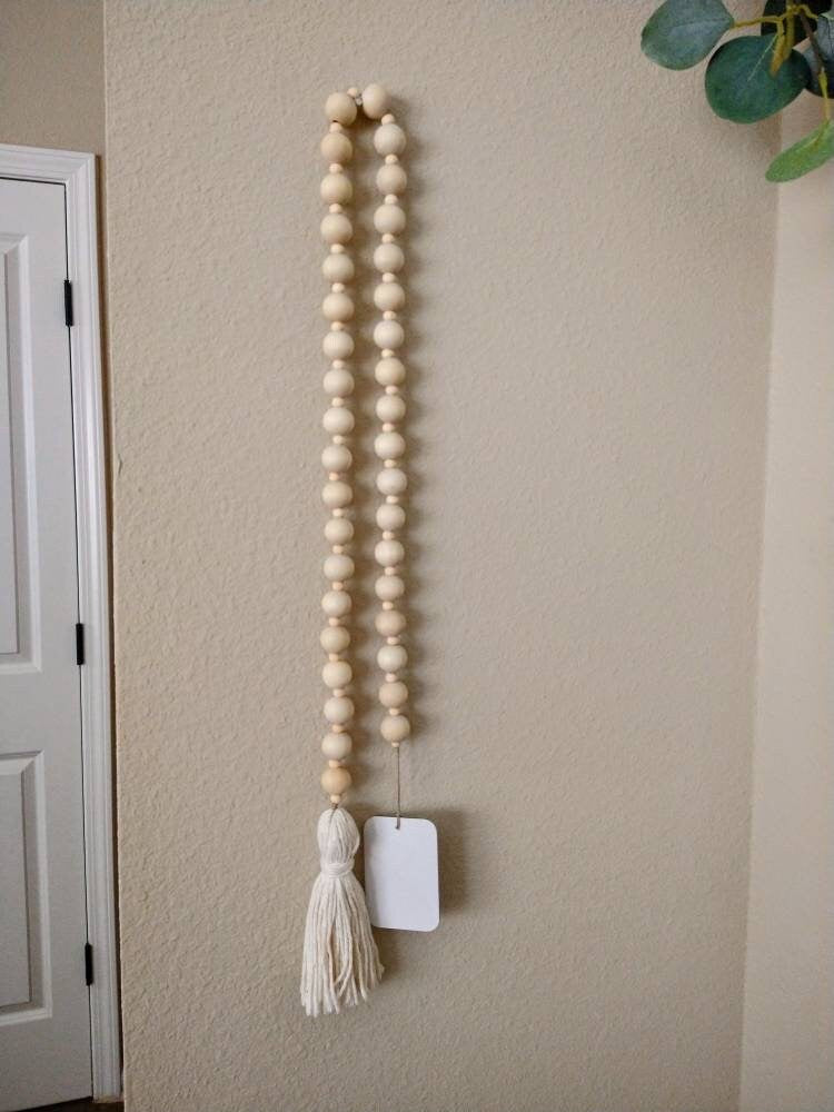 36” Natural Wood Bead Garland w/ Tassel & Tag, Nursery Decor, Boho Vibe, Wedding Decor, Garland, Beads, White, Natural Decor, Bohemian Decor, Home Decor, Bohemian