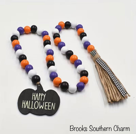 Halloween Wood Beads Garland With Tassels Farmhouse Rustic Wooden Bead String Wall Hanging Accent For Home Festival Decor