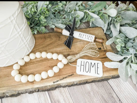 Wood Bead Garland w/ Tag, Farmhouse Beads, Prayer Beads, Farmhouse Decor, Garland, Spring Decor, Beads, Boho, Nursery, Tag, Rustic, Tiered Tray