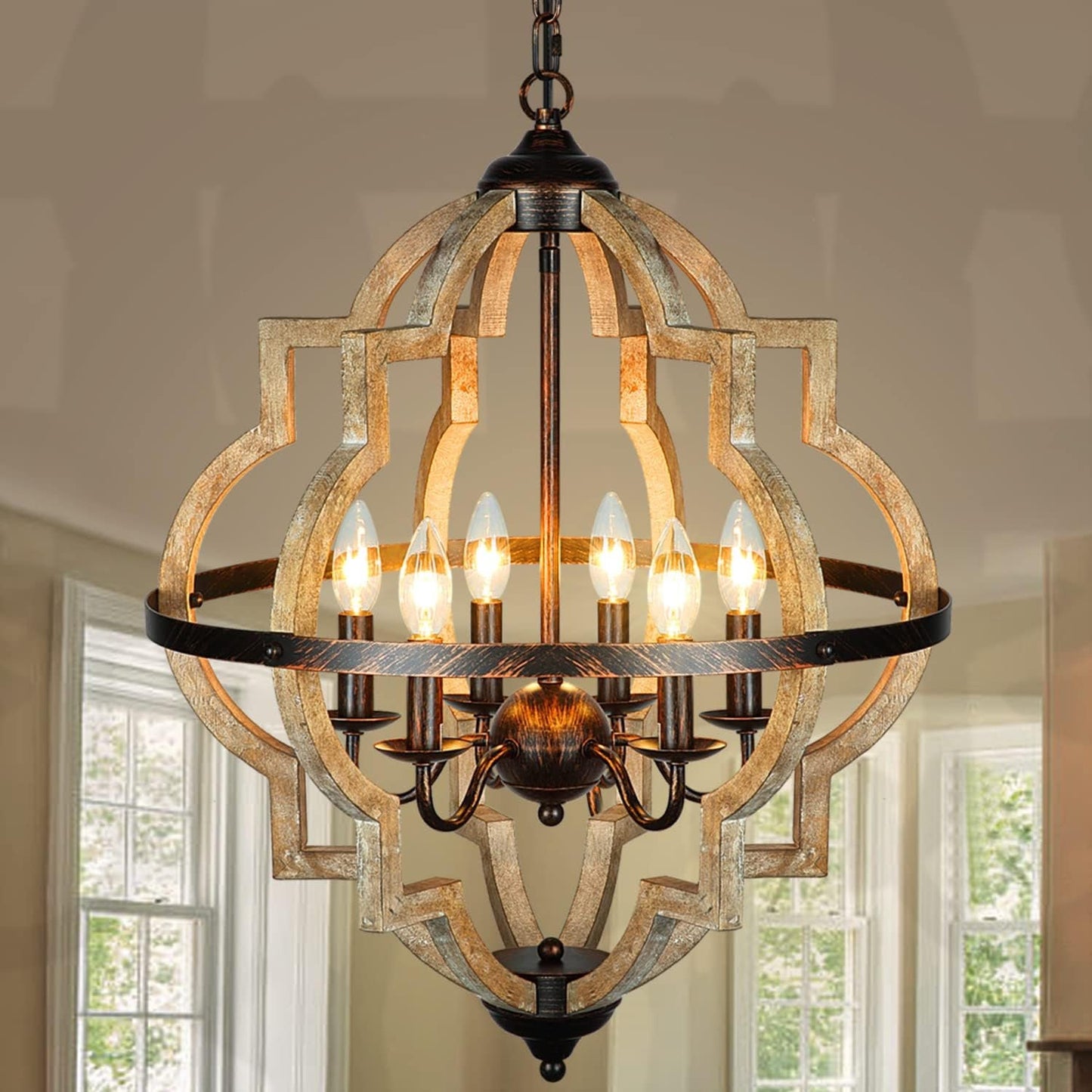 Orb 6-Light Farmhouse Chandelier Stardust Finish Rustic Vintage Wood Chandelier for Bedroom Dining Room Kitchen Foyer