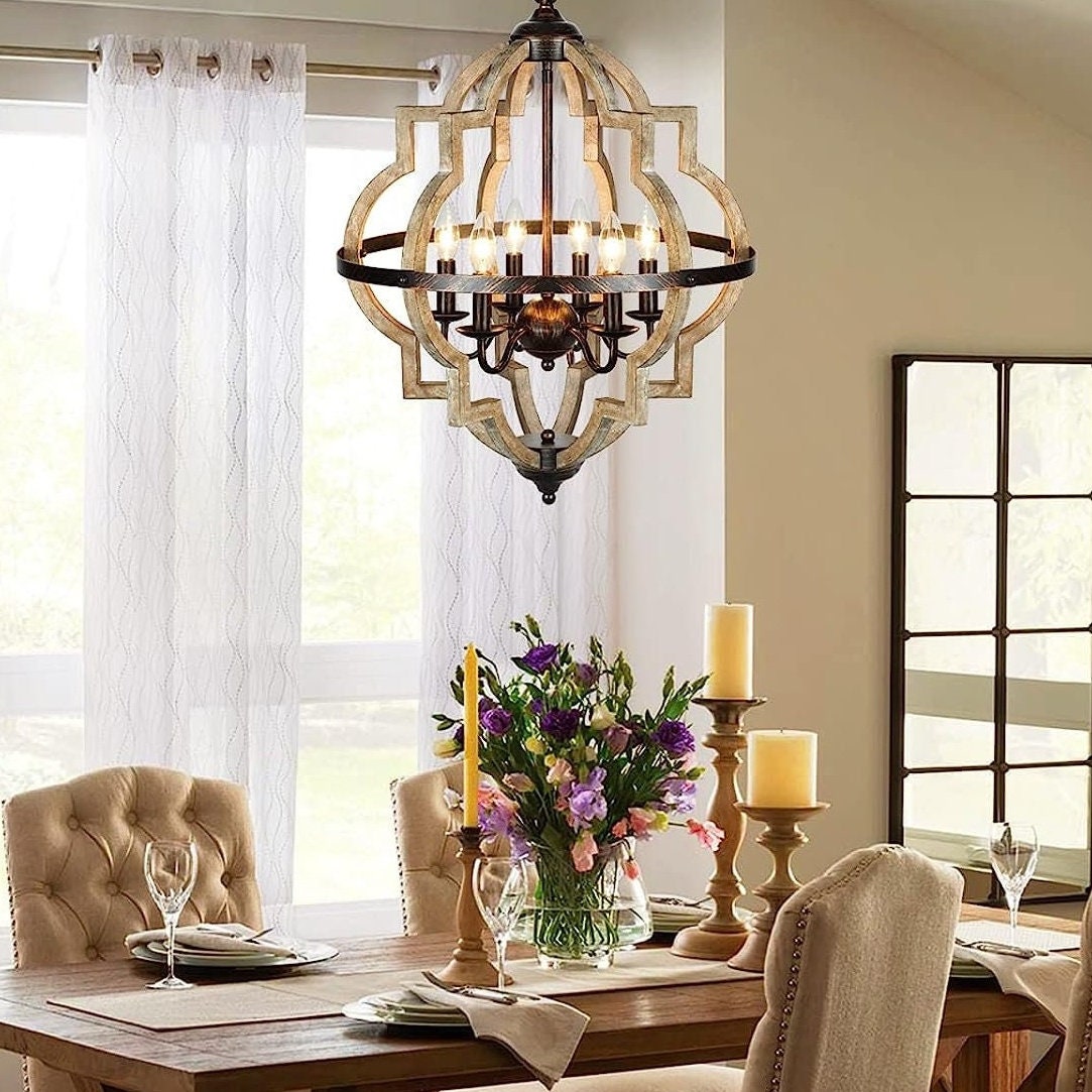 Orb 6-Light Farmhouse Chandelier Stardust Finish Rustic Vintage Wood Chandelier for Bedroom Dining Room Kitchen Foyer