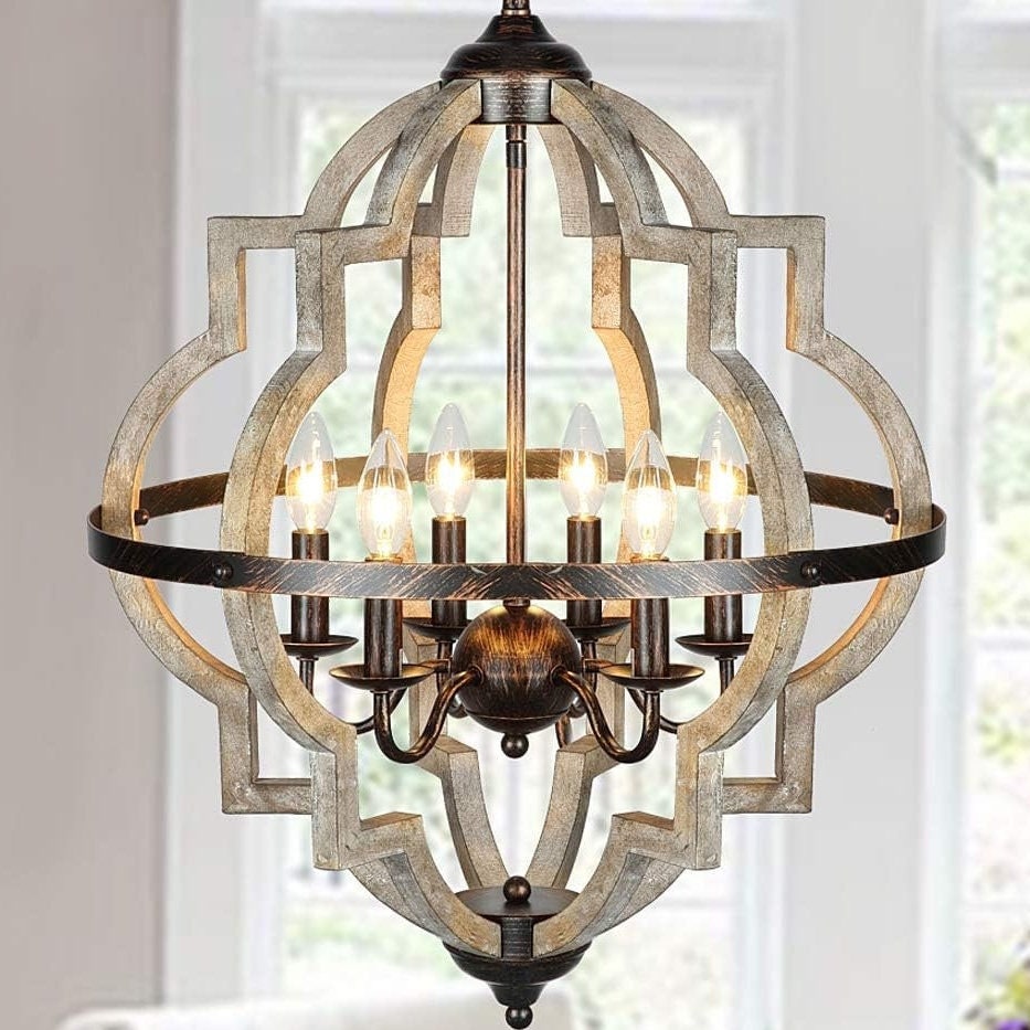 Orb 6-Light Farmhouse Chandelier Stardust Finish Rustic Vintage Wood Chandelier for Bedroom Dining Room Kitchen Foyer